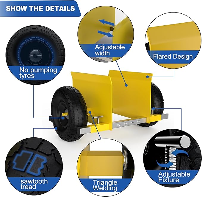 Yellow Heavy Duty Panel Dolly, Adjustable Width Door Dollys with Wheels, 9.3" Solid Rubber Tires and 2 Spare Pole, All-Terrain Movement for Heavy Drywall Sheet & Door Material, 1000LBS