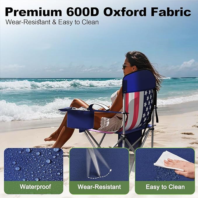 Folding Camping Chairs Durable 600D Oxford, Portable Outdoor Chair with Cooler Pouch, Cup Holder & Storage Pocket for Camping, Beach, Fishing