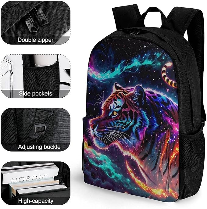 Men Women Polyester Beautiful Wild Animal Tiger Abstract Art Backpack Large Capacity Bookbag With Smooth Zippers for Climbing Picnic Bicycle