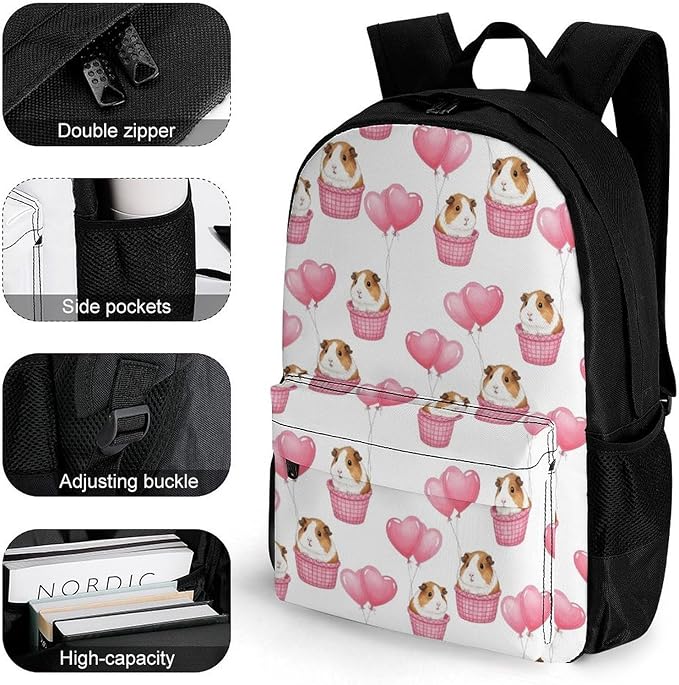 Supdreamc Polyester Daypack Backpack for Sports Travel Running, Big Capacity Anti-Theft Multipurpose Carry On Bag, Guinea Pigs Balloon Art Laptop Book Bag Rucksack