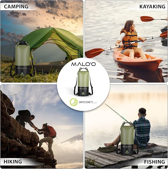 Malo’o DryPack 30L Waterproof Kayak Dry Bag, Heavy Duty Roll-Top Dry Bag with MOLLE Grid and Carry Straps for Fishing, Paddle Boarding, Boating, Camping, and Travel, Green