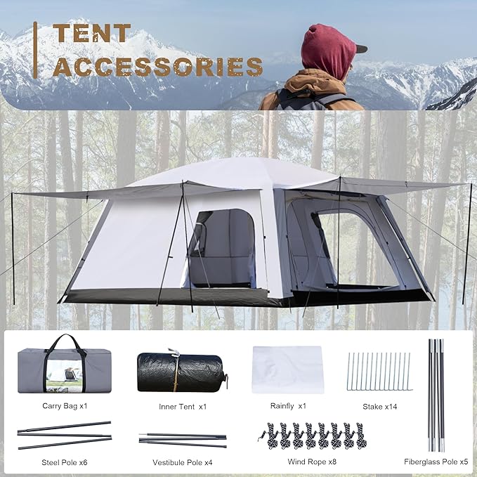 4-6 Person Camping Tent, Large Family Cabin Tents with Porch & Rainfly, Double Layer Waterproof Glamping Tent with 2 Rooms 2 Doors, Portable Big Tents for Outdoor Camping Hiking Party
