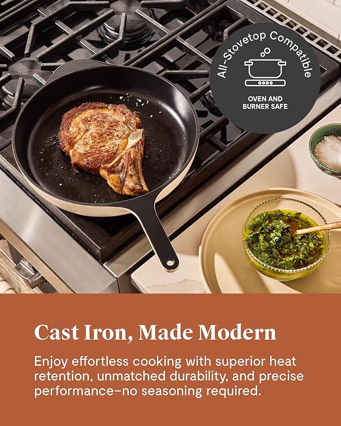 Caraway Cast Iron Skillet - 12” Enameled Cast Iron Pan With 3 Layer Enamel Coating - No Seasoning Required - Compatible With All Stovetops - Free From Forever Chemicals - Gray