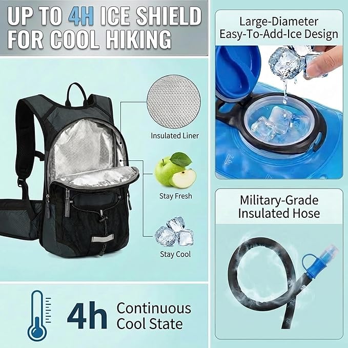 Miracol Hiking Hydration Backpack with Bladder: 2L Water Reservoir for 8H Hydration - Insulated Keep Water Cold 4 Hours - 15L Capacity & Adjustable Straps Comfortable for Day Hiking (Grey)