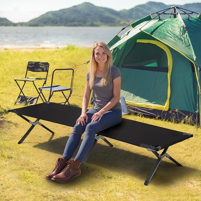 YSSOA Folding Camping Cot with Storage Bag for Adults, Portable and Lightweight Sleeping Bed for Outdoor Traveling, Hiking, Easy to Set up (Color: Black)