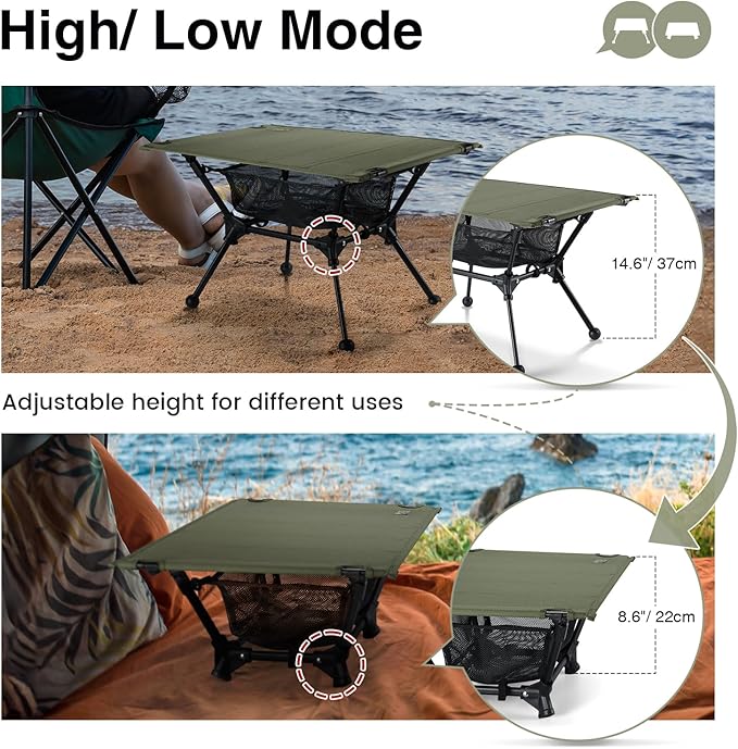 ONETIGRIS Dipper Camping Table, Lightweight Portable Folding Table with Mesh Storage Net, High/Low Options, Ideal for Camping, Hiking, Tailgating, Beach, Picnic, Travel, Backyard