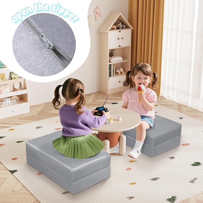 MeMoreCool Kids Folding Mattress, Trifold Mat Foldable Floor Mattress with Washable Cover and Carry Bag, Portable Foam Floor Mat for Kids, Daycare, Sleepover, Camping and Travel, Light Grey