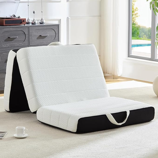 Foldable Mattress, Queen Tri-Fold Memory Foam Mattress Topper with Washable Cover, Handle & Non-Slip Bottom, 4 Inch Portable Folding Bed for Guest, Yoga, Living Room, Camping - 78"x58"x4"