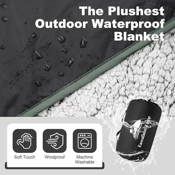 Sherpa Warm Outdoor Camping Blanket - Waterproof Stadium Blanket for Cold Weather, Camp, Sports Mom and Concert - Camping Quilt 80" X 58" (Black)