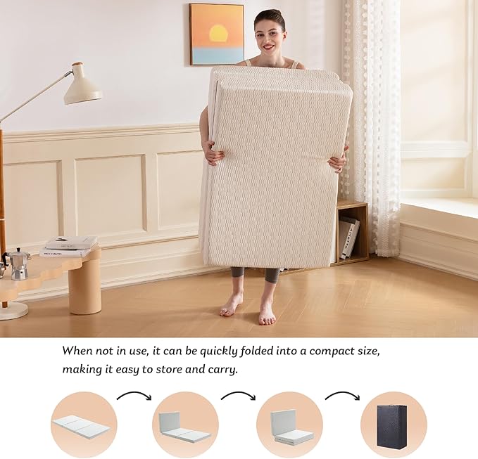 MLILY Foldable Mattress, 4 Inch Queen Tri Fold Memory Foam Mattress Topper, Floor Bed with Washable Cover for Camping, RV Travel and Guest Sleeping Mat, 80"×60"×4", White