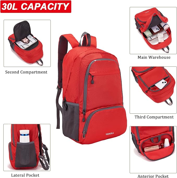 YZAOLL 30L Hiking Backpack Lightweight Day Packs, Packable Backpack for Women Men Travel Camping Vacation,Burgundy