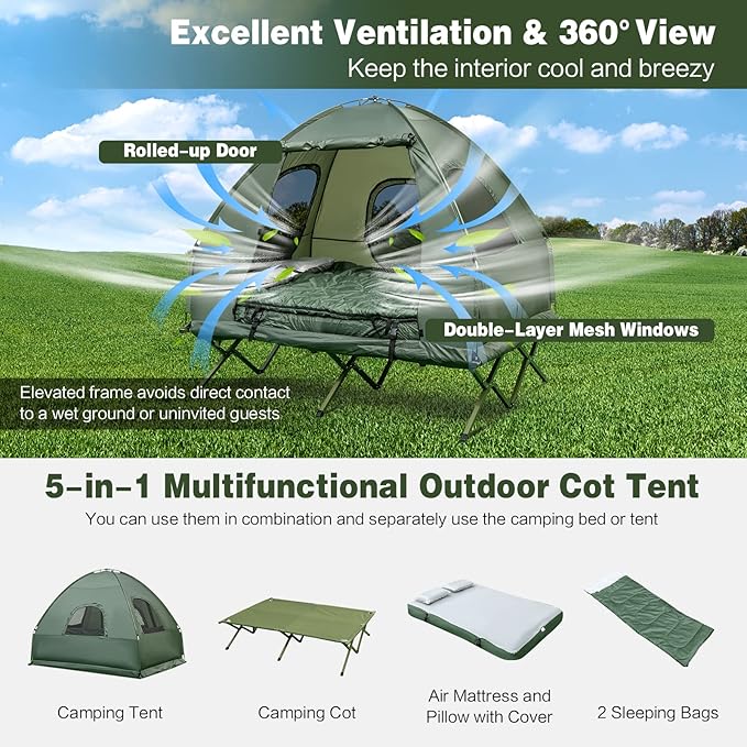 DORTALA 2-Person Tent Cot, Foldable Elevated Camping Tent w/Air Mattress & Sleeping Bag, Portable Dome Camping Tent Cot for Hiking, Camping & Picnic