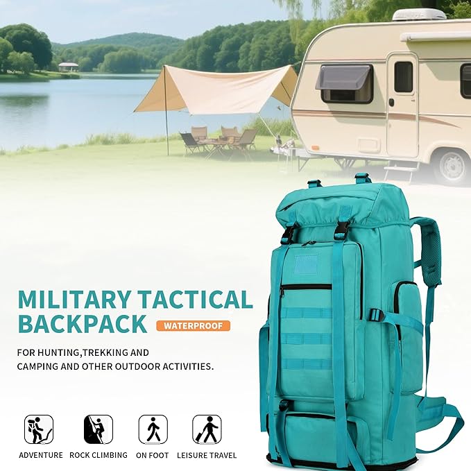 100L Hiking Camping Backpack MOLLE Rucksack Waterproof Daypack (LakeBlue)