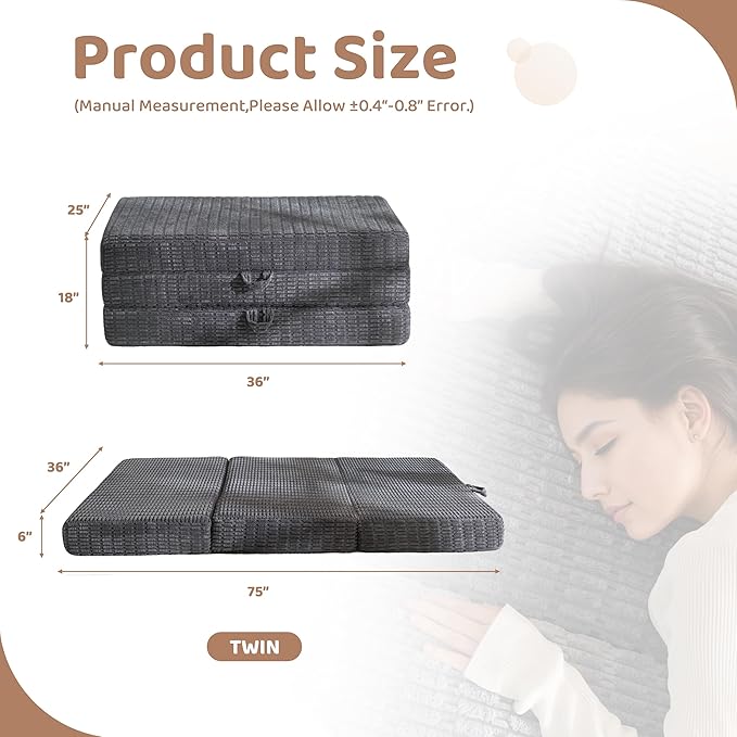 BYBYME Memory Foam Tri-Folding Mattress, 6 Inch Gel Folding Mattress Topper, Foldable Soft Guest Bed Camping Pad, with Washable Cover
