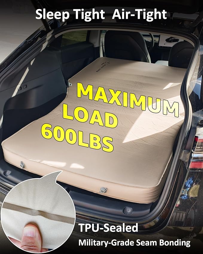 Self-Inflating Camping Mattress for Tesla Model Y & SUV, 4" Thick Foam Sleeping Pad with 9.3 R-Value, 600lbs Max Weight, Portable Air Pump Included for Travel, Road Trip & Camping