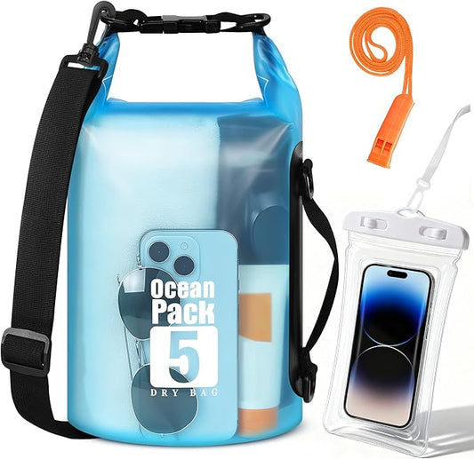 Dry Bag Waterproof for Men Women, 5L Lightweight Roll Top Dry Sack with Waterproof Phone Case and Emergency Whistle, for Kayaking Swimming Boating Paddle Board Fishing Beach Hiking Camping