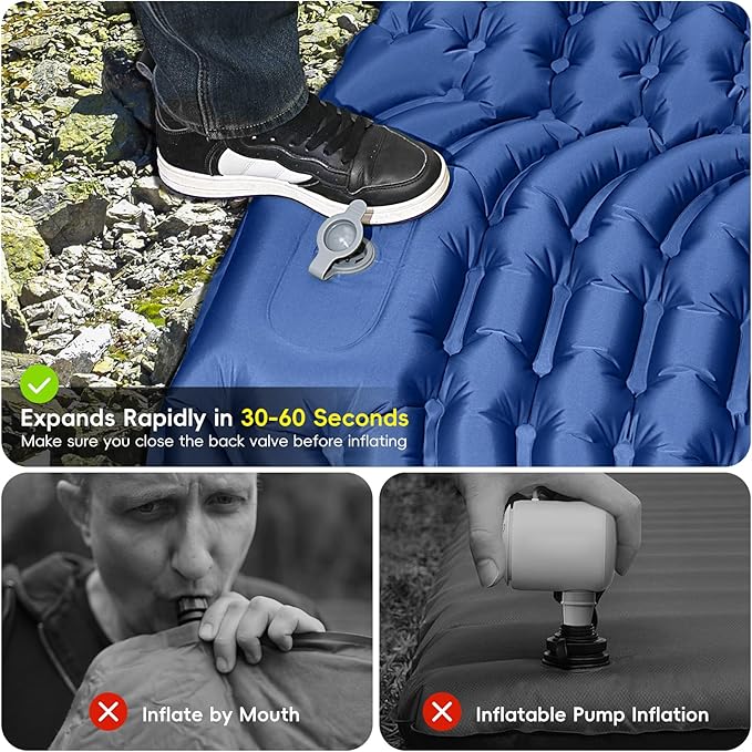 Double Sleeping Pad for Camping, 4" Extra-Thick, Self Inflating Camping Mattress for 2 Person with Pillow, Built-in Foot Pump, Portable Sleeping Mat for Backpacking, Hiking, Traveling, Tent