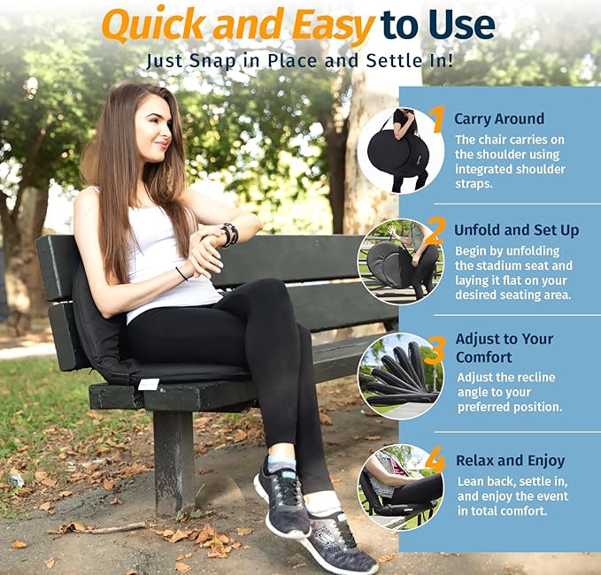 Alpcour Folding Stadium Seat – Deluxe Outdoor Camping Reclining Waterproof Cushion Chair for Bleachers – Best 6-Position Back Support Picnic Bleacher Seats w/Extra Thick Padding for Support & Comfort