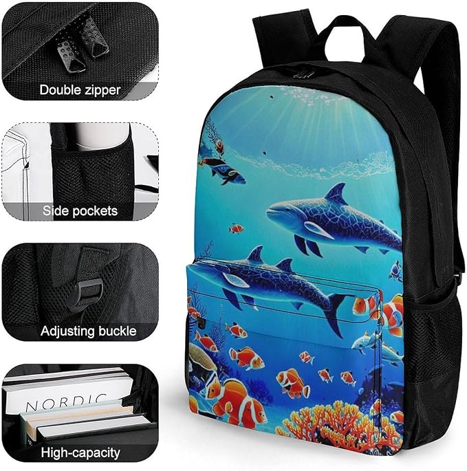 Daypack Anti-Theft Multipurpose Large Capacity Shoulder Bag, Colorful Sea Ocean World Dolphin Tropical Fishes Coral Travel Hiking Camping Rucksack With Smooth Zippers