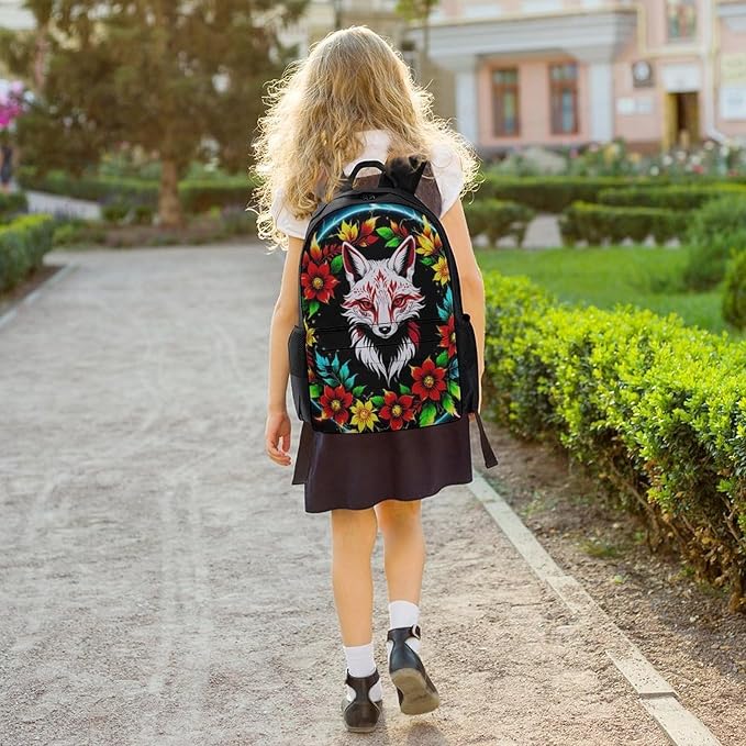 Men Women Polyester Blue Green Red Fire Flame Dragon Fox Kitsune Black Art Daypack Big Capacity Shoulder Bag With Adjustable Shoulder Straps for Camping Travel Walking Cycling