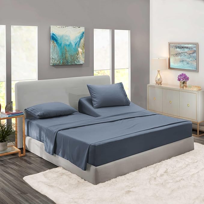 Clara Clark Flex Top King Sheets - Hotel Luxury 6 Piece Bed Sheets for Top Split King Bed - Soft Bedding Sheets & Pillowcases, Head Split King Size. Stone Blue
