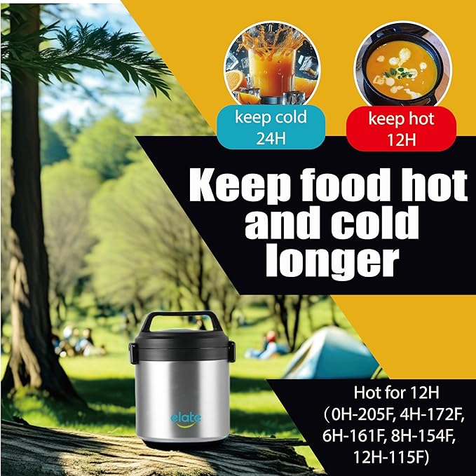 Elate 2-Quart Thermos Food Jar for Hot Food | 64oz Stainless Steel Vacuum-Insulated Camp Crock, Wide-Mouth Thermal Food Container, Portable Lunch Pot for Outdoor, Camping, Picnics, Trips, Potlucks