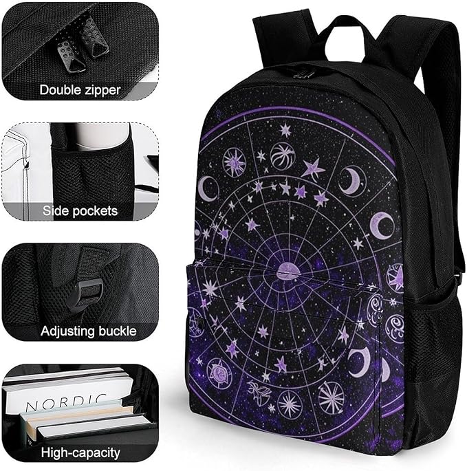 Supdreamc Adults Lightweight Zodiac Colorful Constellation Galaxy Art Rucksacks Large Capacity Bookbag With Adjustable Shoulder Straps for Trekking Outdoors Bicycle