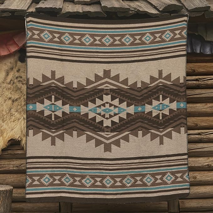 Aztec Throw Blanket with Soft Sherpa Lining, Traditional Southwestern Navajo Tribal Style Warm Throw for Camping, Outdoor, Cozy Boho Blanket for Couch, Sofa, Bed, 60"x80", Teddy Brown