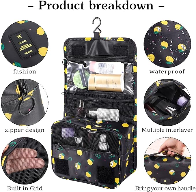 Pengxiaomei Toiletry Bag for Women, Waterproof Hanging Cosmetic Bag Portable Travel Makeup Pouch Multifunction Handle Bathroom Bag for Mothers Day Gifts (Black Lemon)
