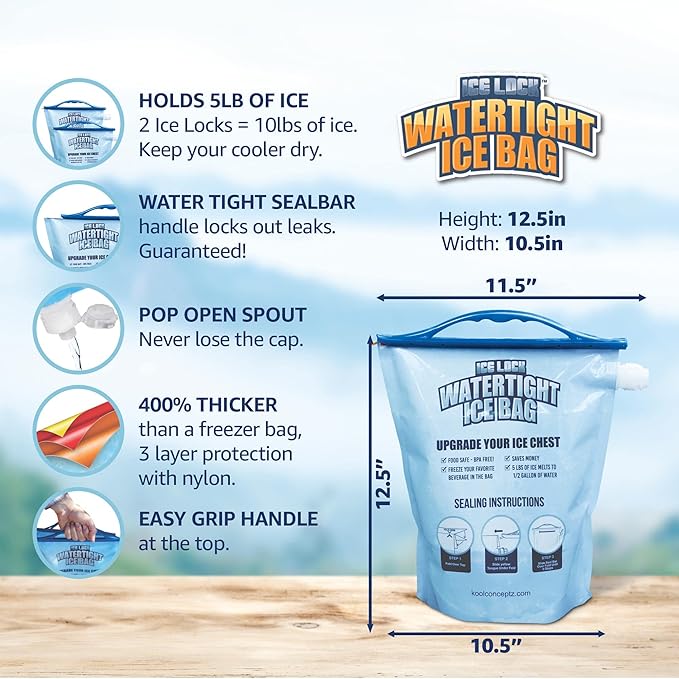 Large Leakproof Ice Bag. Reusable Ice Pack for Cooler - Long Lasting Instant Cooler Ice Packs - Drop in Cubed Ice to Make Cold, Dry Freezer Packs for Coolers - Drink Your Ice When It Melts