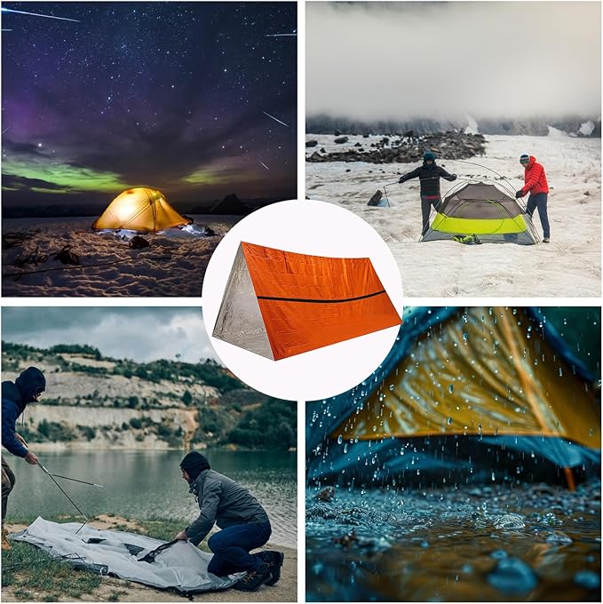 Emergency Survival Tent. 2-Person Tube Shelter Waterproof & Windproof Reusable Thermal Blanket Compact,Lightweight Includes SOS Whistle Perfect for Camping, Hiking, and Emergencies.