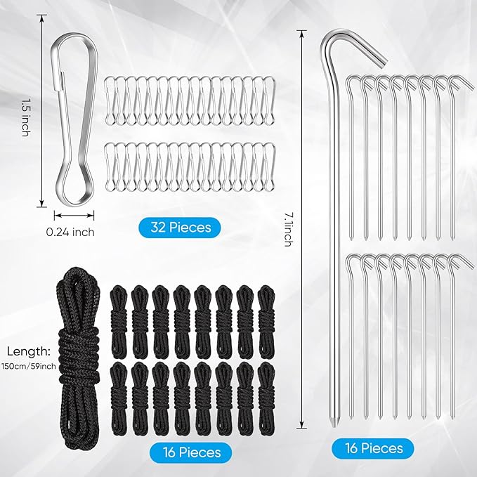 Inflatable Yard Stakes for Inflatables, Metal Tent Stakes Heavy Duty and 5 Feet Tethers with Hooks for Holiday Inflatable Decorations Camping Xmas Decoration(64 Pcs)