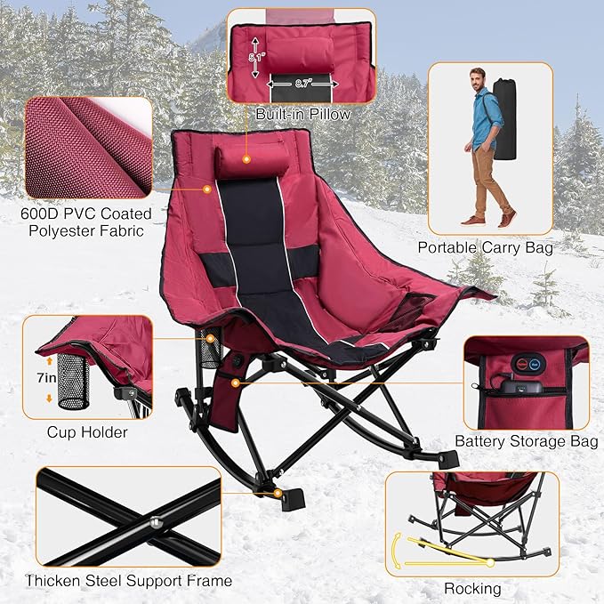 Slendor Heated Rocking Camping Chair with Padded & Pillow, 2000mAh Power Bank, 3 Adjustable Heat Settings, Oversized Camping Chair for Easy Setup and Foldable Storage, Red
