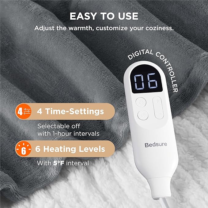 Bedsure Heated Blanket Throw Blanket - Fast Heating Electric Blanket, Soft Flannel Heated Throw with 4 Time Settings, 6 Heating Settings, Warm Gifts for Grandma & Grandpa (50x60 inches, Grey)