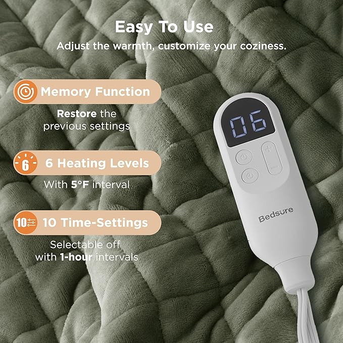 Bedsure Electric Blanket Twin - Quilted Heated Blanket Twin Size, Soft Flannel Thick Heating Blanket with 10 Time Settings & 6 Heat Settings, Warm Gifts for Women Men (62x84 inches, Olive Green)