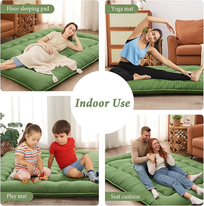 DAICO Japanese Floor Mattress, 4'' Thicken Futon Mattress Tatami Mat, Sleeping Pad Foldable Roll Up Mat for Camping and Guest Room, Full Size 54''*80'', Green