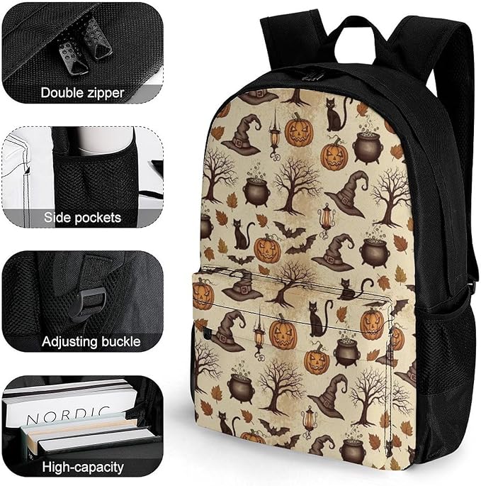 Lightweight Daypack Bookbag for Trekking Business Walking Cycling, Big Capacity Anti-Theft Multipurpose Carry On Bag, Black Cat Bat Pumpkin Skull Business Computer Bag