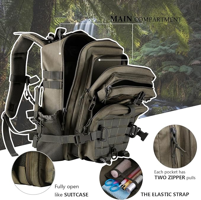 30L MOLLE Assault Pack, Tactical Backpack Military Army Camping Rucksack with Bottle Holder, 3-Day Pack, Olive Green
