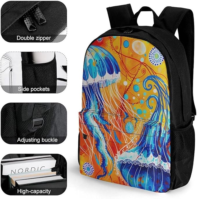 Supdreamc Daypack Polyester Anti-Theft Multipurpose Watercolor Ocean Sea Jellyfish Art Bookbag Big Capacity Gym Outdoor Hiking Backpack With Adjustable Shoulder Straps