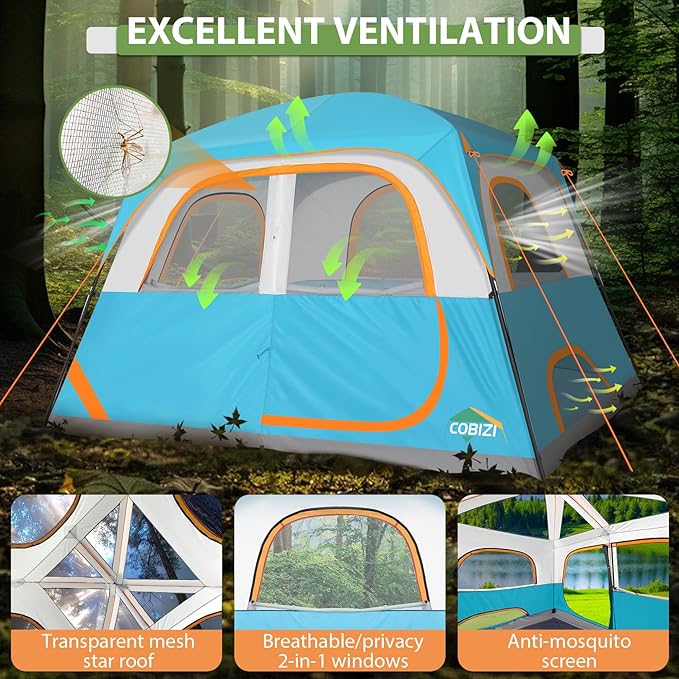 COBIZI Tents for Camping 4/6 Person Camping Tent with Rainfly and Screen, Easy Setup Lightweight Portable Waterproof Outdoor Tent with Carry Bag for Backpacking, Hiking, Family Travel