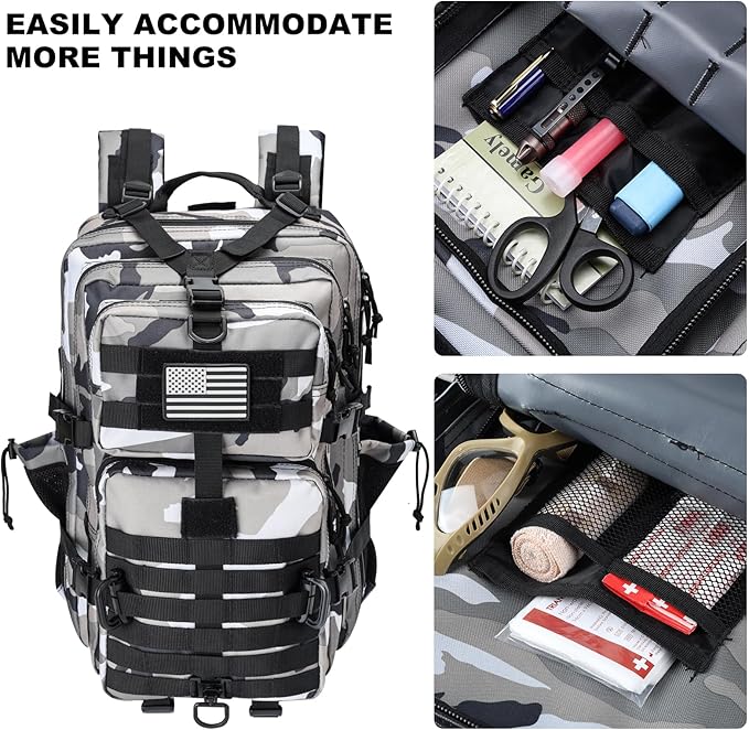 45L MOLLE Assault Pack, Tactical Backpack Military Army Camping Rucksack with Bottle Holder, 3-Day Pack Trip w/USA Flag Patch, D-Rings, Urban