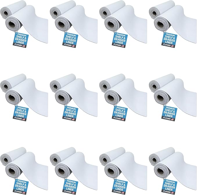 Drymate Premium Luxury Shelf & Drawer Liner, Thick Cushioned Fabric, Non-Adhesive, Absorbent, Waterproof, Slip-Resistant, Liners for Kitchen Cabinets, Cupboards (USA Made)(12”x59”)(24-Pack)(White)