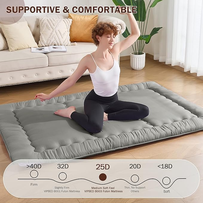 Japanese Floor Futon Mattress Queen Size, 4" Thicken Foldable Mattress Tatami Mat Sleeping Pad, 25D Foam Filled Traditional Shiki Futon (shikibuton), Designed in Japan (Dark Grey 60"x 80")