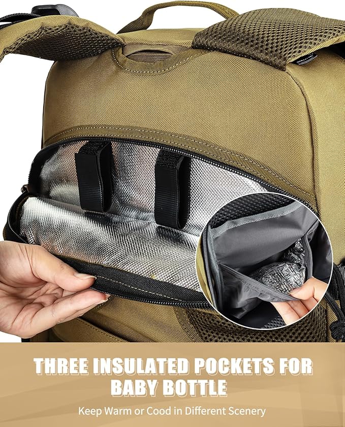 SHARKMOUTH Dad Diaper Bag Backpack - Military Baby Gear Backpacks with Daddy Patches Tan