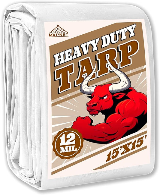 Tarp 15x15 ft Heavy Duty 12mil 100% Waterproof High Durability Multipurpose,Uv Resistant,White Tarp Suitable for Swimming Pools, Boats, Camping, Courtyards, Etc -by MVPNET
