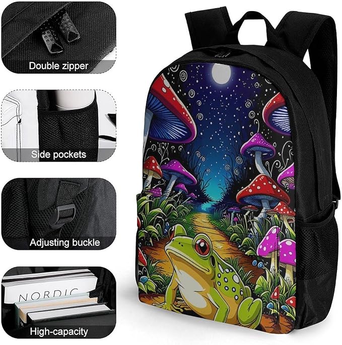 Supdreamc Daypack Backpack Anti-Theft Multipurpose Big Capacity Bookbag, Psychedelic Magic Mushrooms Frog Trippy Art Business Computer Bag With Side Pockets
