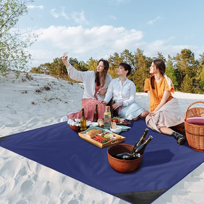 Odoland Pocket Blanket Picnic Blanket, 71" x 63" SandProof Waterproof Outdoor Beach Blanket with Portable Bag, Foldable Lightweight Sand Free Quick Drying Beach Mat for Hiking Camping Travel, Blue
