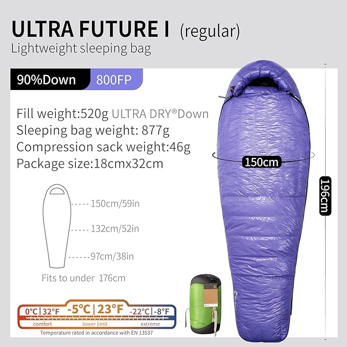 Ultra Dry Down Sleeping Bag - 10D 800FP, Thicken Winter, Ultralight Camping & Hiking, Backpacking Outdoor (Future II Lengthen)