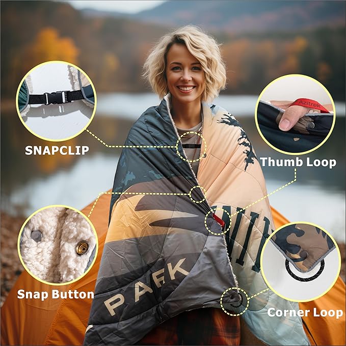 Sherpa Puffy Outdoor Camping Blanket for Traveling, Picnics, Beach, Concert, Car, Stadium, Sporting Events - Wearable Warm Waterproof - 55 X 78 (Great Smoky Mountains NP)