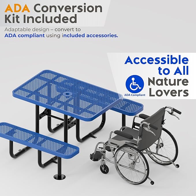 Metal Picnic Furniture for Outdoors with Umbrella Hole - Coated Steel Heavy Duty Commercial Grade Table with Adjustable Seats, Patio Set for a Lifetime (Blue, 4' Rectangular)